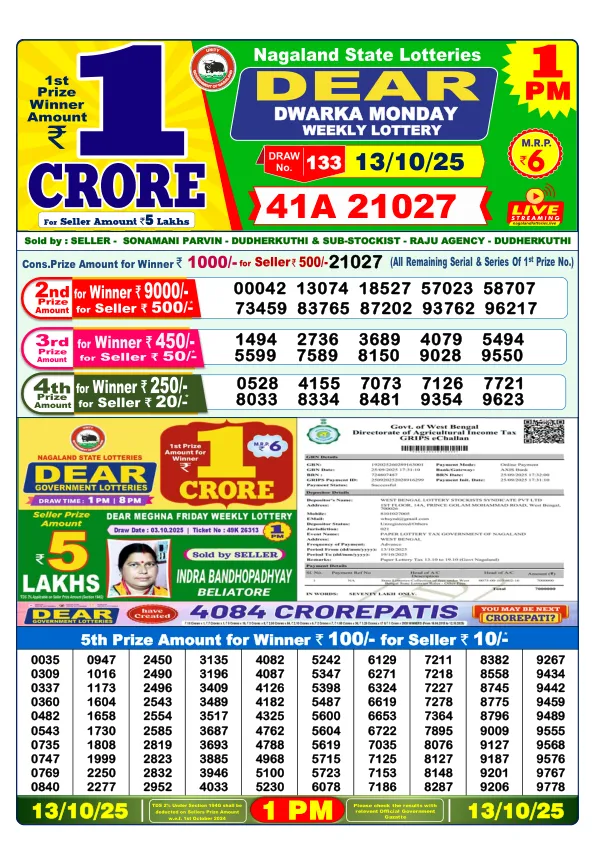 DhanKesari 1PM Result (धनकेसरी) 13/10/25 Lottery Sambad Today Evening Dear