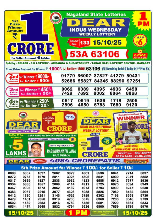 DhanKesari 1PM Result (धनकेसरी) 15/10/25 Lottery Sambad Today Evening Dear