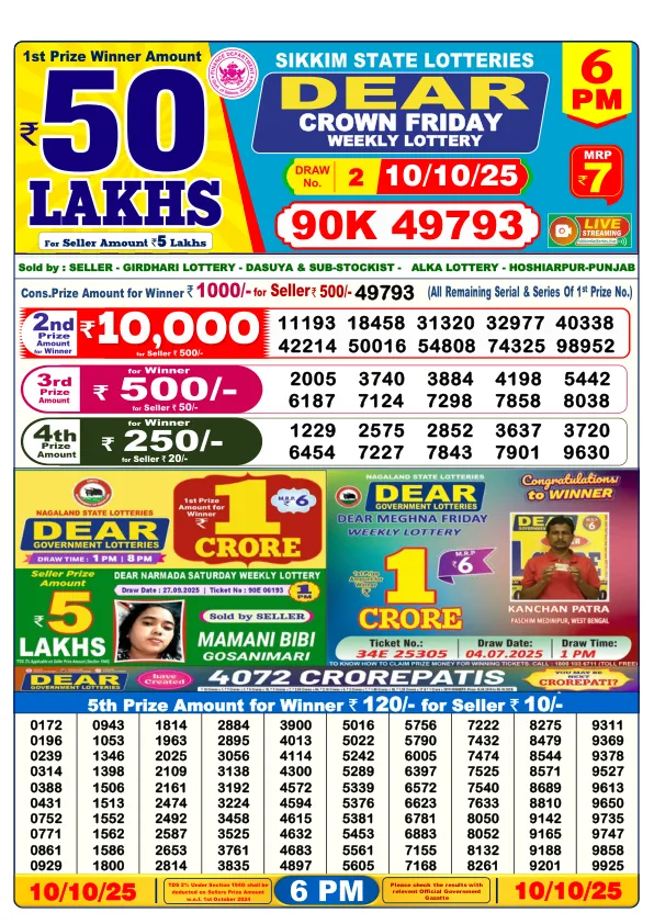 DhanKesari 6PM Result (धनकेसरी) 10/10/25 Lottery Sambad Today Evening Dear