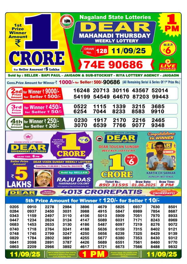 Dhankesari Lottery Sambad Result Today 11-09-2025 1PM Morning Dear