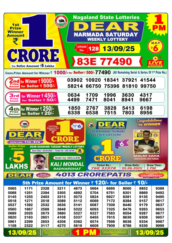 Dhankesari Lottery Sambad Result Today 13-09-2025 1PM Morning Dear