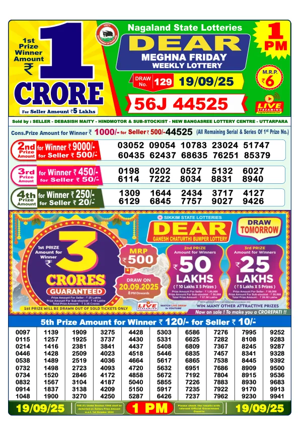 Dhankesari Lottery Sambad Result Today 19-09-2025 1PM Morning Dear