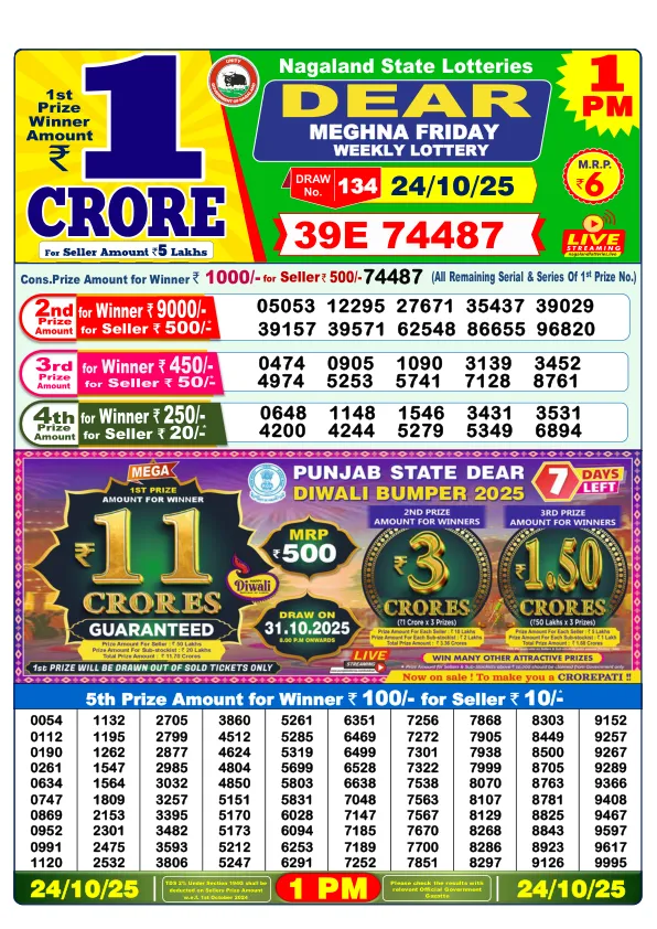 DhanKesari 1PM Result (धनकेसरी) 24/10/25 Lottery Sambad Today Morning Dear